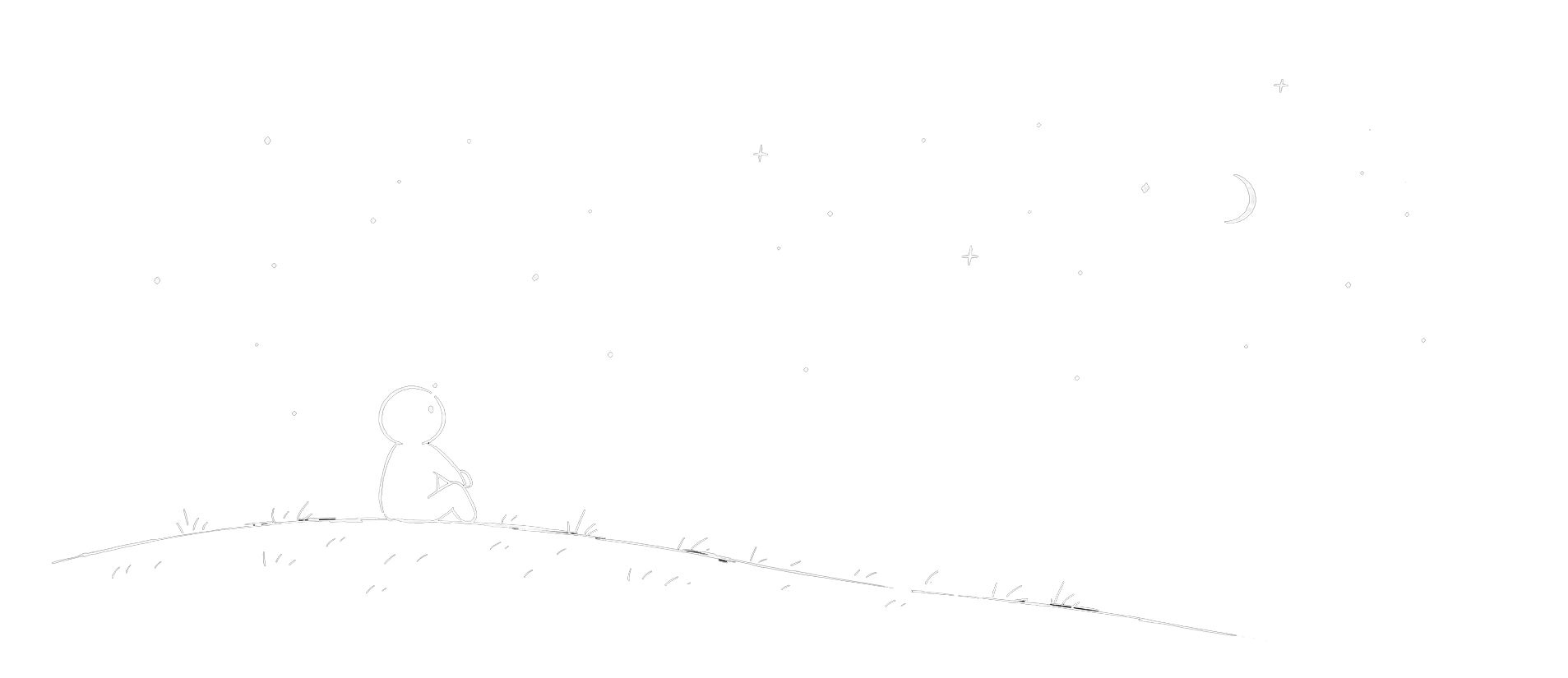 一个人坐在山坡上仰望月亮和星空
